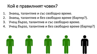 Кой е правилният човек?
1. Знаещ, талантлив и със свободно време.
2. Знаещ, талантлив и без свободно време (бартер?).
3. Учещ бързо, талантлив и със свободно време.
4. Учещ бързо, талантлив и без свободно време (бартер?)
 