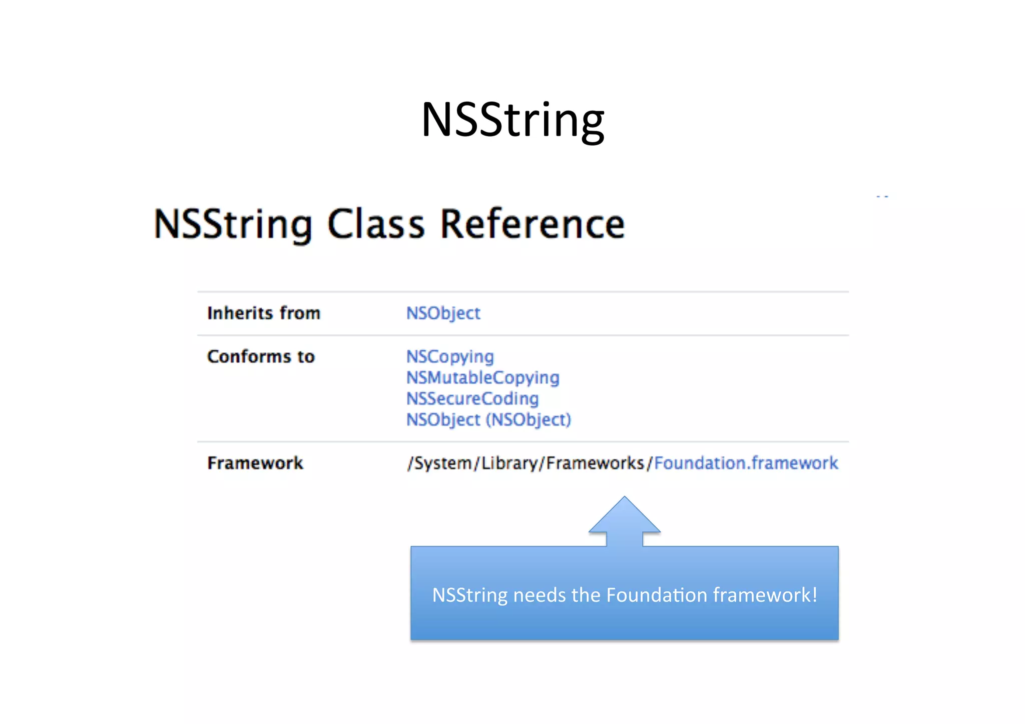 NSString	
  




NSString	
  needs	
  the	
  Founda3on	
  framework!	
  
 