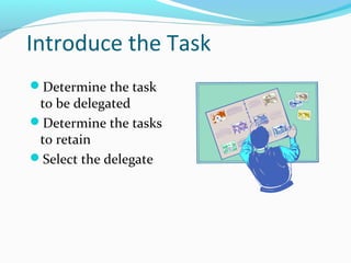 Introduce the Task
Determine the task
to be delegated
Determine the tasks
to retain
Select the delegate
 