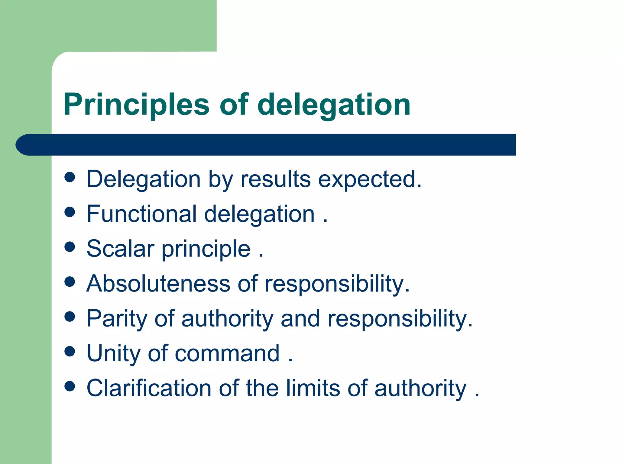Principles of delegation

   Delegation by results expected.
   Functional delegation .
   Scalar principle .
   Absoluteness of responsibility.
   Parity of authority and responsibility.
   Unity of command .
   Clarification of the limits of authority .
 