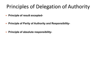 Principles of Delegation of Authority
 Principle of result excepted-
 Principle of Parity of Authority and Responsibility-
 Principle of absolute responsibility-
 