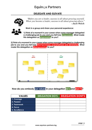page 2
www.equinox-partners.bg
DELEGATE AND ELEVATE
"Before you are a leader, success is all about growing yourself.
When you become a leader, success is all about growing others.”
- Jack Welch
Work in a group and share your personal experience:
1) Think of a moment in your career when some manager delegeted
a challanging job to you and you felt truly empowered. What made
this delegation so empowering to you?
2) Think of a moment in your career when some manager delegeted a challanging
job to you and you felt truly disempowered, overwhelmed and diminished. What
made this delegation so disempowering to you?
How do you embody our values in your delegation do's and don’t's?
VALUES DELGATION DO'S DELEGATION DONT'S
1. Courage
2. Passion
3. Teamwork
4. Focus
5. Excellence
 