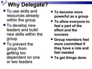 Why Delegate?
To use skills and
resources already
within the group
 To develop new
leaders and build
new skills within the
group
 To prevent the
group from
getting too
dependent on one
or two leaders










To become more
powerful as a group
To allow everyone to
feel a part of the
effort and the
success
Group members feel
more committed if
they have a role and
feel needed
To get things done

 