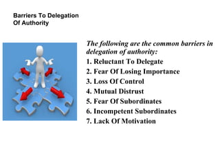 Barriers To Delegation
Of Authority
The following are the common barriers in
delegation of authority:
1. Reluctant To Delegate
2. Fear Of Losing Importance
3. Loss Of Control
4. Mutual Distrust
5. Fear Of Subordinates
6. Incompetent Subordinates
7. Lack Of Motivation
 