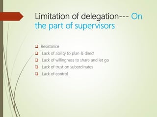 Limitation of delegation--- On
the part of supervisors
 Resistance
 Lack of ability to plan & direct
 Lack of willingness to share and let go
 Lack of trust on subordinates
 Lack of control
 