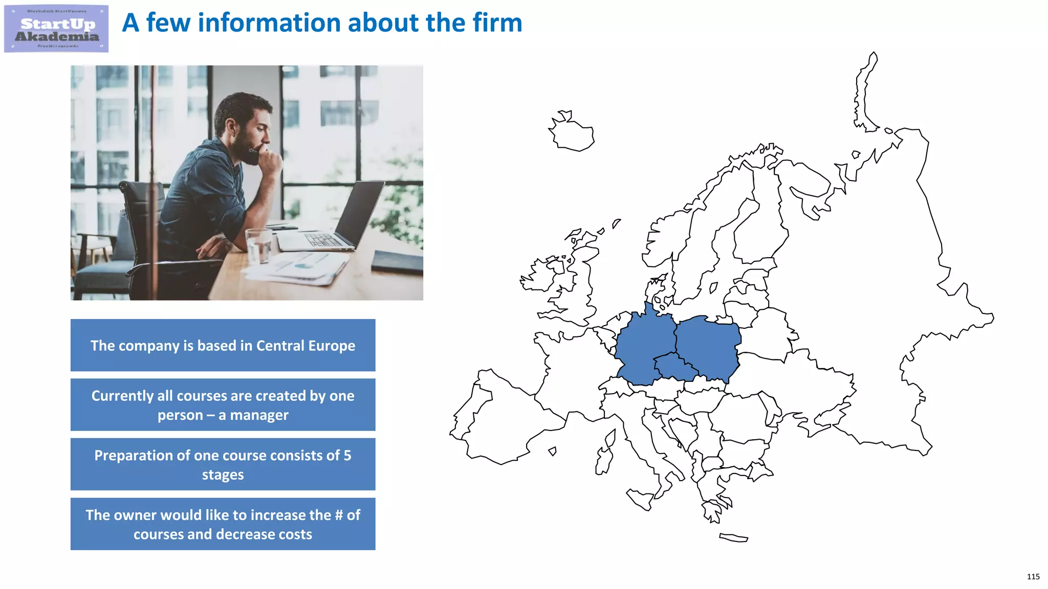 115
The company is based in Central Europe
Currently all courses are created by one
person – a manager
Preparation of one course consists of 5
stages
A few information about the firm
The owner would like to increase the # of
courses and decrease costs
 