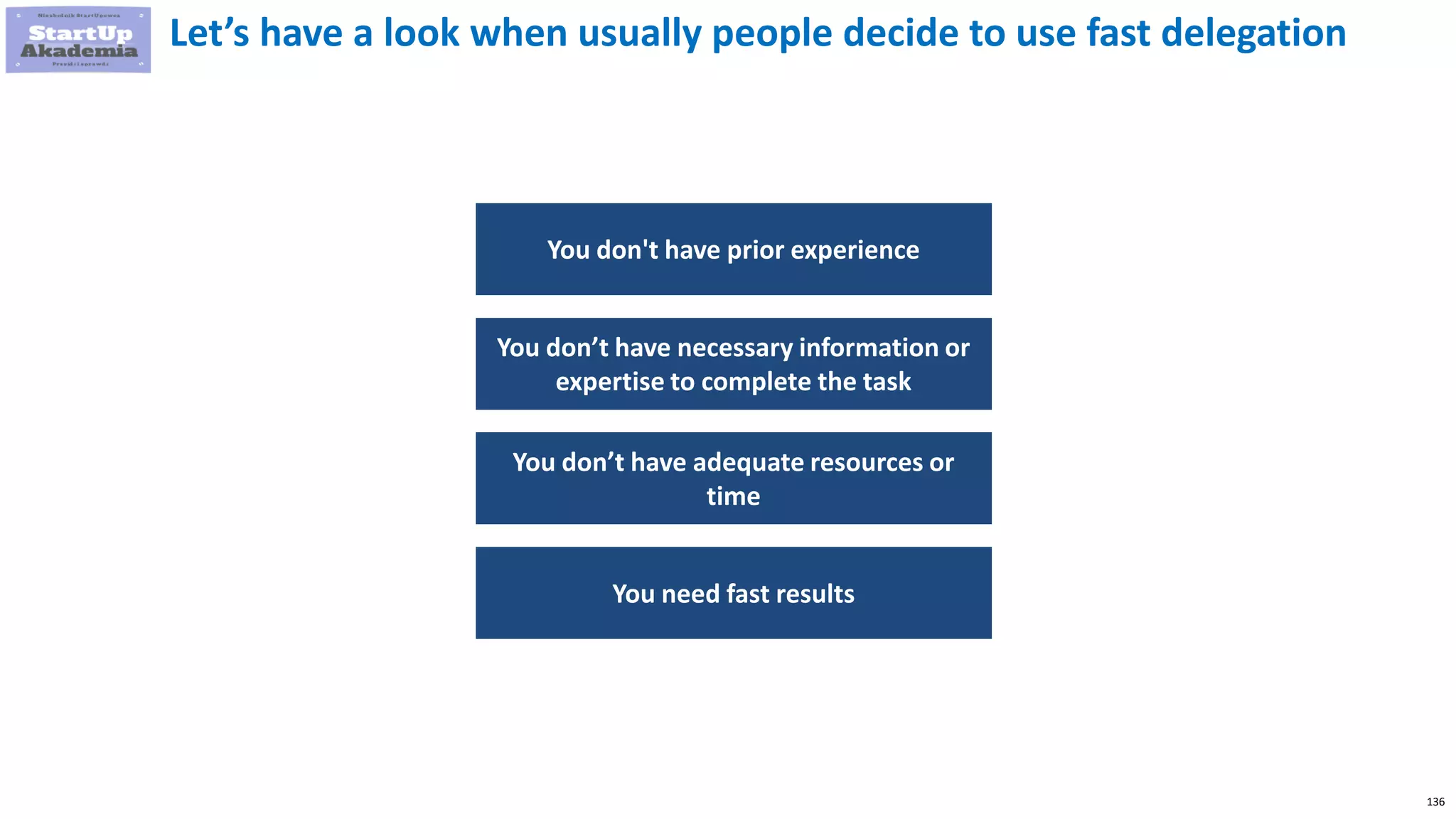 136
You don't have prior experience
You don’t have necessary information or
expertise to complete the task
You don’t have adequate resources or
time
You need fast results
Let’s have a look when usually people decide to use fast delegation
 