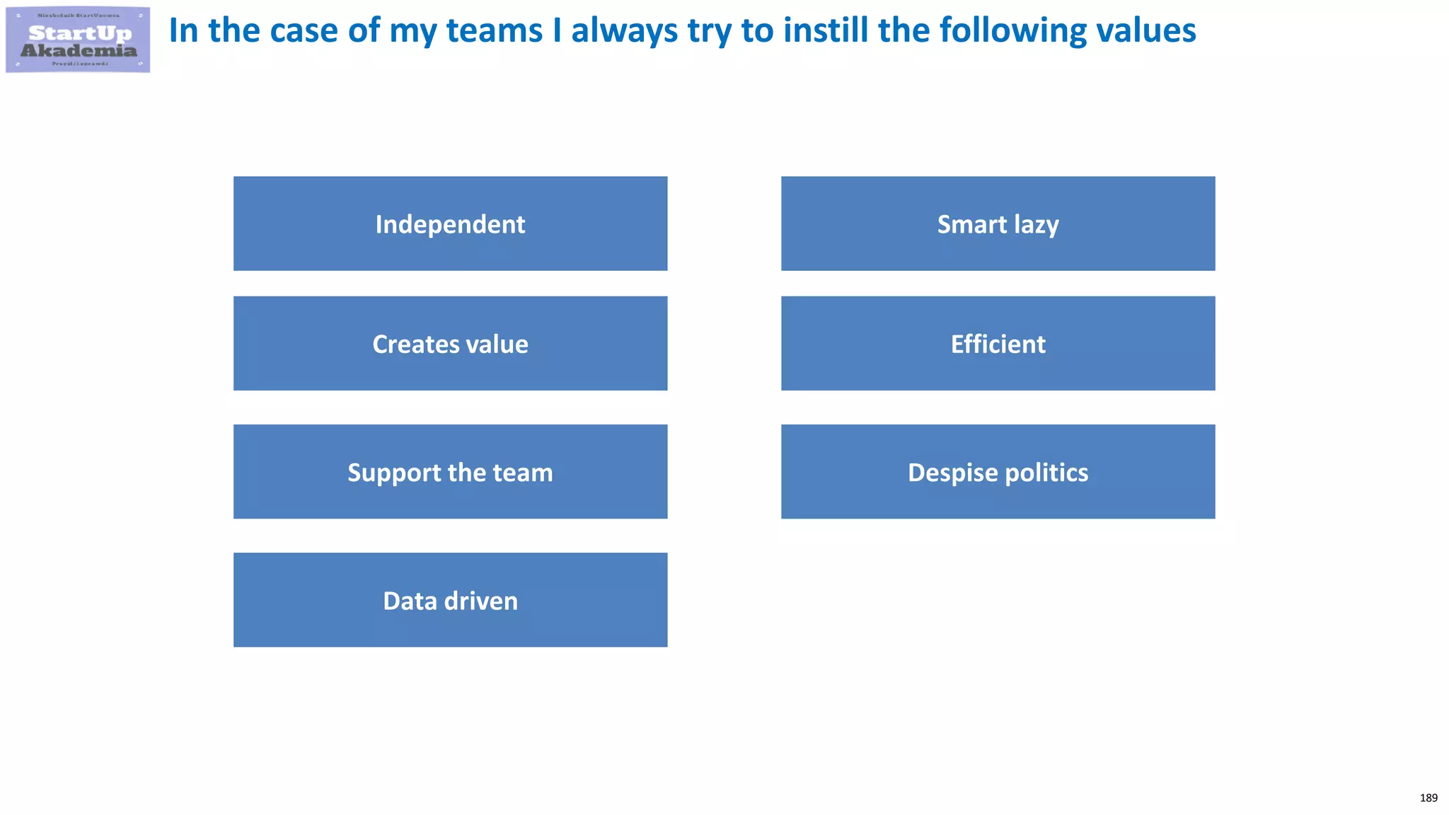 189
In the case of my teams I always try to instill the following values
Independent
Creates value
Support the team
Data driven
Smart lazy
Efficient
Despise politics
 