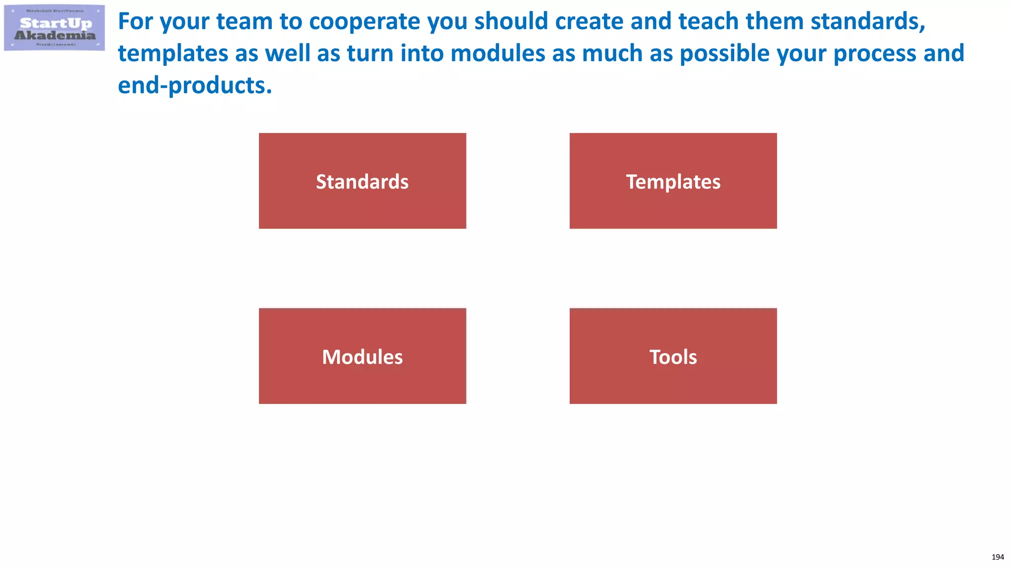 194
For your team to cooperate you should create and teach them standards,
templates as well as turn into modules as much as possible your process and
end-products.
Standards Templates
Modules Tools
 