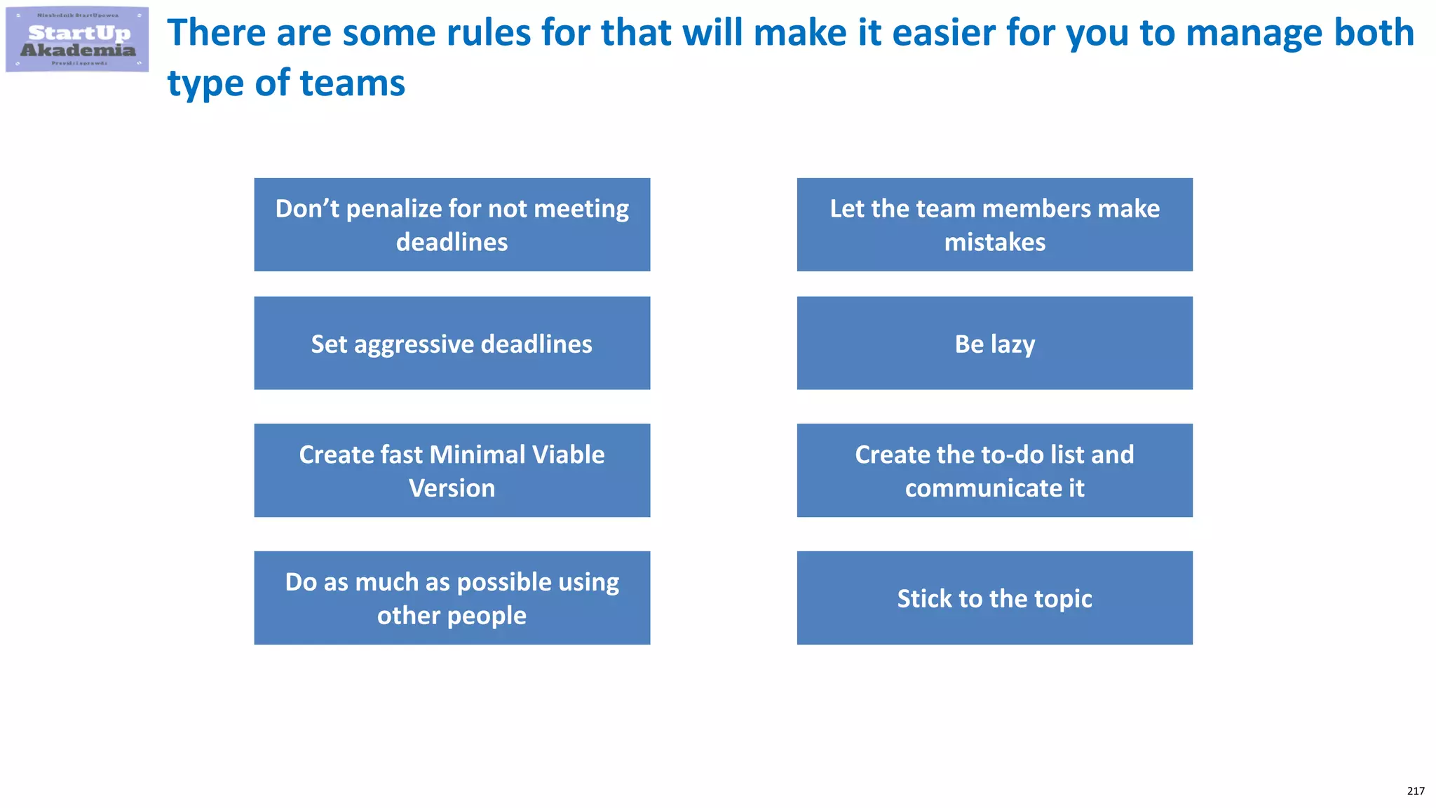 217
There are some rules for that will make it easier for you to manage both
type of teams
Don’t penalize for not meeting
deadlines
Set aggressive deadlines
Create fast Minimal Viable
Version
Do as much as possible using
other people
Let the team members make
mistakes
Be lazy
Create the to-do list and
communicate it
Stick to the topic
 