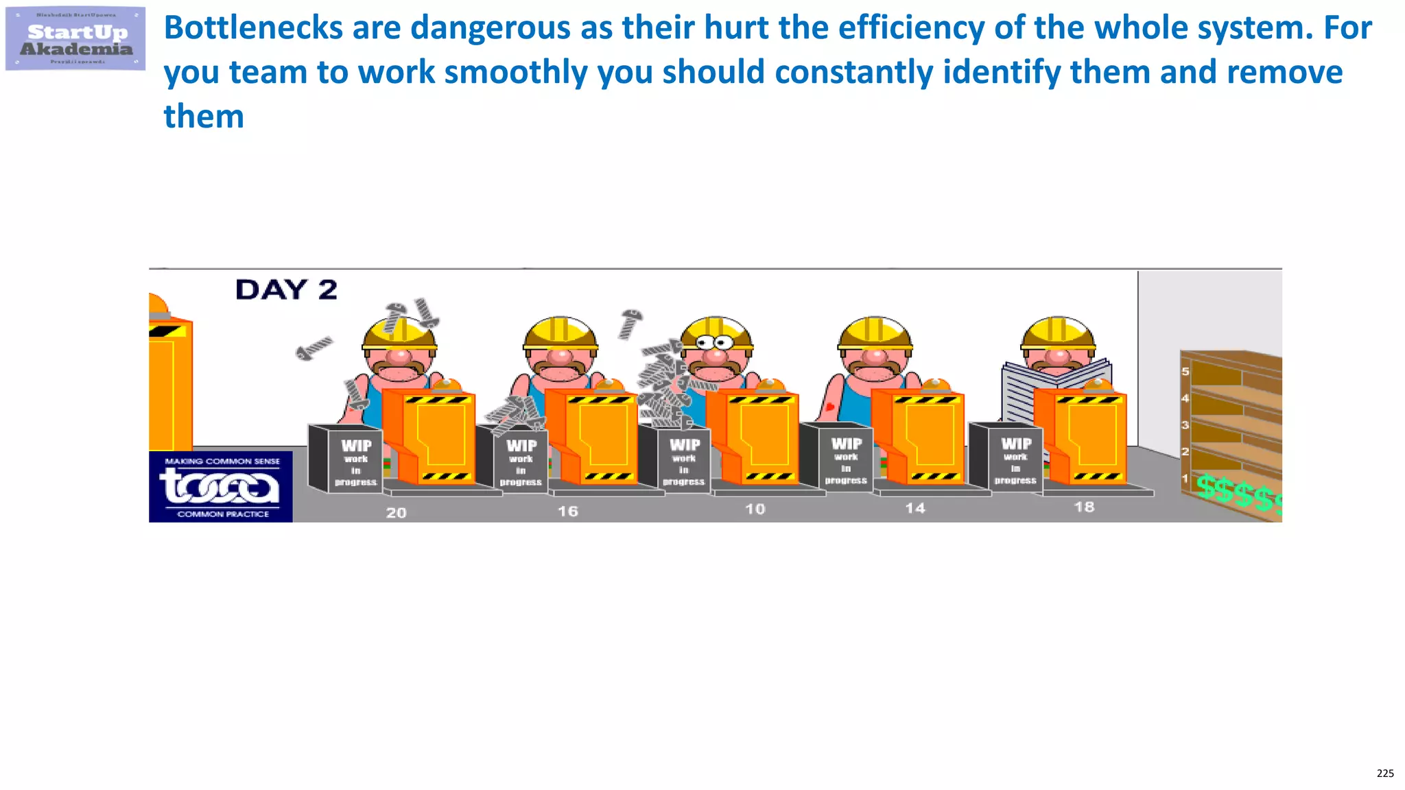 225
Bottlenecks are dangerous as their hurt the efficiency of the whole system. For
you team to work smoothly you should constantly identify them and remove
them
 