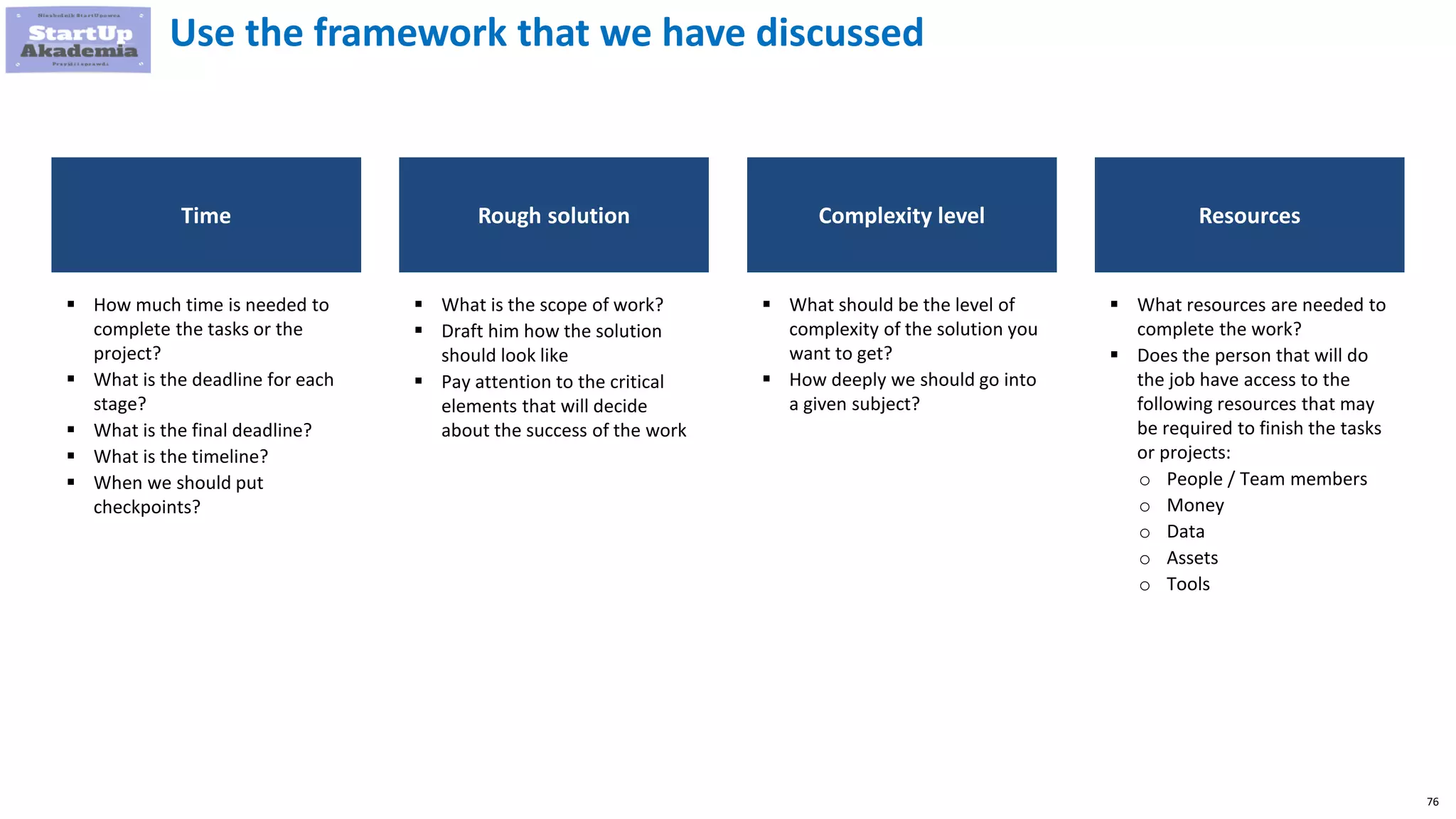 76
Use the framework that we have discussed
Time Rough solution Complexity level Resources
 How much time is needed to
complete the tasks or the
project?
 What is the deadline for each
stage?
 What is the final deadline?
 What is the timeline?
 When we should put
checkpoints?
 What is the scope of work?
 Draft him how the solution
should look like
 Pay attention to the critical
elements that will decide
about the success of the work
 What should be the level of
complexity of the solution you
want to get?
 How deeply we should go into
a given subject?
 What resources are needed to
complete the work?
 Does the person that will do
the job have access to the
following resources that may
be required to finish the tasks
or projects:
o People / Team members
o Money
o Data
o Assets
o Tools
 