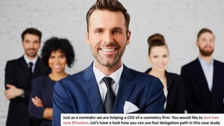 144
Just as a reminder we are helping a CEO of a cosmetics firm. You would like to hire two
new Directors. Let’s have a look how you can use fast delegation path in this case study
 