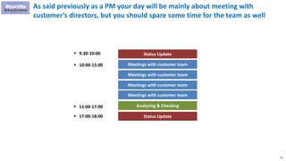 59
As said previously as a PM your day will be mainly about meeting with
customer’s directors, but you should spare some time for the team as well
Status Update
Meetings with customer team
Analyzing & Checking
 9:30-10:00
 10:00-15:00
Meetings with customer team
Meetings with customer team
Meetings with customer team
Status Update
 15:00-17:00
 17:00-18:00
 