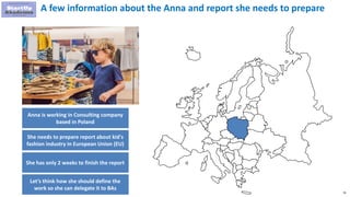 79
A few information about the Anna and report she needs to prepare
Anna is working in Consulting company
based in Poland
She needs to prepare report about kid's
fashion industry in European Union (EU)
She has only 2 weeks to finish the report
Let’s think how she should define the
work so she can delegate it to BAs
 