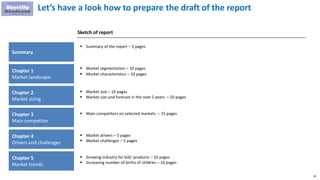 82
Let’s have a look how to prepare the draft of the report
Chapter 1
Market landscape
Sketch of report
Chapter 2
Market sizing
Chapter 3
Main competitor
Chapter 4
Drivers and challenges
Chapter 5
Market trends
 Market segmentation – 10 pages
 Market characteristics – 10 pages
 Market size – 10 pages
 Market size and forecast in the next 5 years – 10 pages
 Main competitors on selected markets – 15 pages
 Market drivers – 5 pages
 Market challenges – 5 pages
 Growing industry for kids' products – 10 pages
 Increasing number of births of children – 10 pages
Summary
 Summary of the report – 5 pages
 