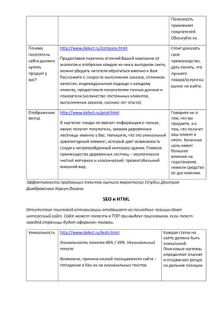Полезность
привлекает
покупателей.
Обоснуйте ее.
Почему
посетитель
сайта должен
купить
продукт у
вас?
http://www.delest.ru/company.html
Предоставив перечень отличий Вашей компании от
аналогов и отобразив каждое из них в выгодном свете,
можно убедить читателя обратиться именно к Вам.
Расскажите о скорости выполнения заказов, отличном
качестве, индивидуальном подходе к каждому
клиенту, предоставьте покупателям точные данные и
показатели (количество постоянных клиентов,
выполненных заказов, сколько лет опыта).
Стоит доказать
свое
превосходство,
дать понять, что
лучшего
товара/услуги на
рынке не найти.
Отображение
выгод
http://www.delest.ru/prod.html
В карточке товара не хватает информации о пользе,
какую получит покупатель, заказав деревянные
лестницы именно у Вас. Напишите, что это уникальный
архитектурный элемент, который дает возможность
создать непревзойденный интерьер здания. Главное
преимущество деревянных лестниц – экологически
чистый материал и классический, презентабельный
внешний вид.
Говорите не о
том, что вы
продаете, а о
том, что получит
ваш клиент в
итоге. Конечная
цель имеет
большее
влияние на
подсознание,
нежели средство
ее достижения.
Эффективность продающих текстов оценила маркетолог Студии Дмитрия
Димбровского Корсун Оксана.
SEO и HTML
Отсутствие поисковой оптимизации отодвигает на последние позиции даже
интересный сайт. Сайт может попасть в ТОП при выдаче поисковиков, если текст
каждой страницы будет оформлен тегами.
Уникальность http://www.delest.ru/lestn.html
Уникальность текста 46% / 39%. Неуникальный
текст.
Возможно, причина низкой посещаемости сайта –
попадание в бан из-за неуникальных текстов.
Каждая статья на
сайте должна быть
уникальной.
Поисковые системы
определяют плагиат
и отодвигают ресурс
на дальние позиции.
 