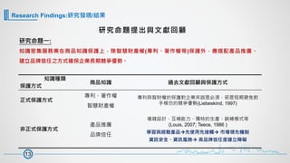 研究命題一:
知識密集服務業在商品知識保護上，除智慧財產權(專利、著作權等)保護外，應搭配產品推廣、
建立品牌信任之方式確保企業長期競爭優勢。
研究命題提出與文獻回顧
知識種類
保護方式
商品知識 過去文獻回顧與保護方式
正式保護方式
專利、著作權
智慧財產權
專利與智財權的保護對企業來說是必須，卻是短期避免對
手模仿的競爭優勢(Liebeskind, 1997)
非正式保護方式
產品推廣
品牌信任
複雜設計、互補能力、獨特的生產、銷補模式等
(Louis, 2007; Teece, 1986 )
學習與經驗產品à先使用先接觸à 市場領先機制
資訊安全、資訊風險à 高品牌信任度建立障礙
13
Research Findings:研究發現/結果
 