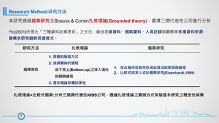 Research Method:研究方法
Yin(2001)所提出「三種資料收集原則」之方法，藉由次級資料、個案資料、人員訪談與觀察等多重資料來源，
建構本研究創新保護模式。
研究方法 扎根理論 個案研究
選擇原因
1. 具體的驗證方式
2. 強調歸納的過程
由下而上(Bottom-up)之深入淺出
的歸納過程
3. 提供理論架構的彈性
1. 找出為何或如何形成此現況的原因與過程
2. 比較式或深入式的個案研究(Eisenhardt,1989)
扎根理論+比較式個案:分析三個具代表性KIBS公司，透過扎根理論之實徵方式來驗證本研究之概念性架構
本研究透過個案研究及Strauss & Corbin扎根理論(Grounded theory)，選擇三間代表性公司進行分析
7
 