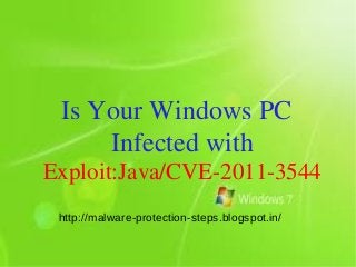 Is Your Windows PC
     Infected with
Exploit:Java/CVE-2011-3544
 http://malware-protection-steps.blogspot.in/
 