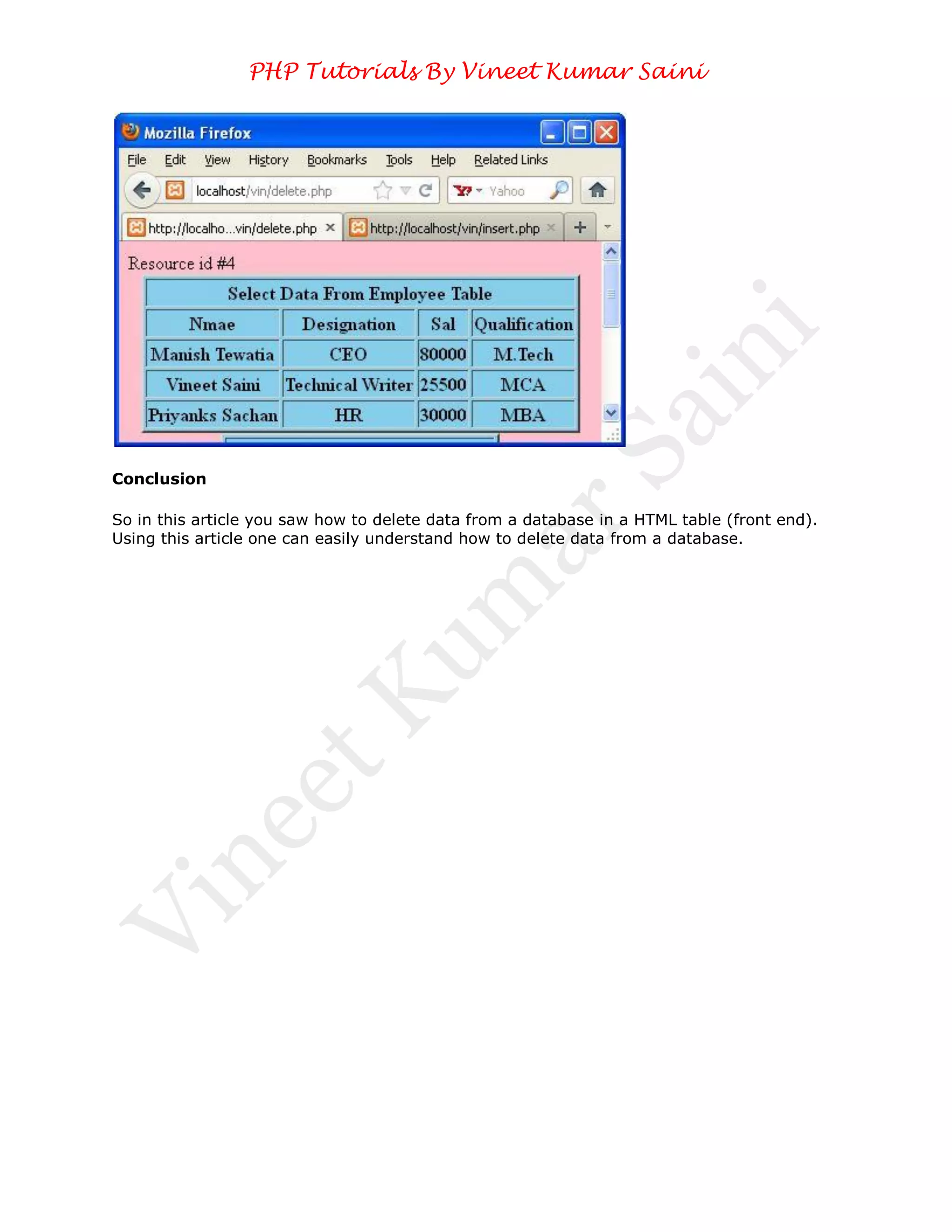 PHP Tutorials By Vineet Kumar Saini




Conclusion

So in this article you saw how to delete data from a database in a HTML table (front end).
Using this article one can easily understand how to delete data from a database.
 
