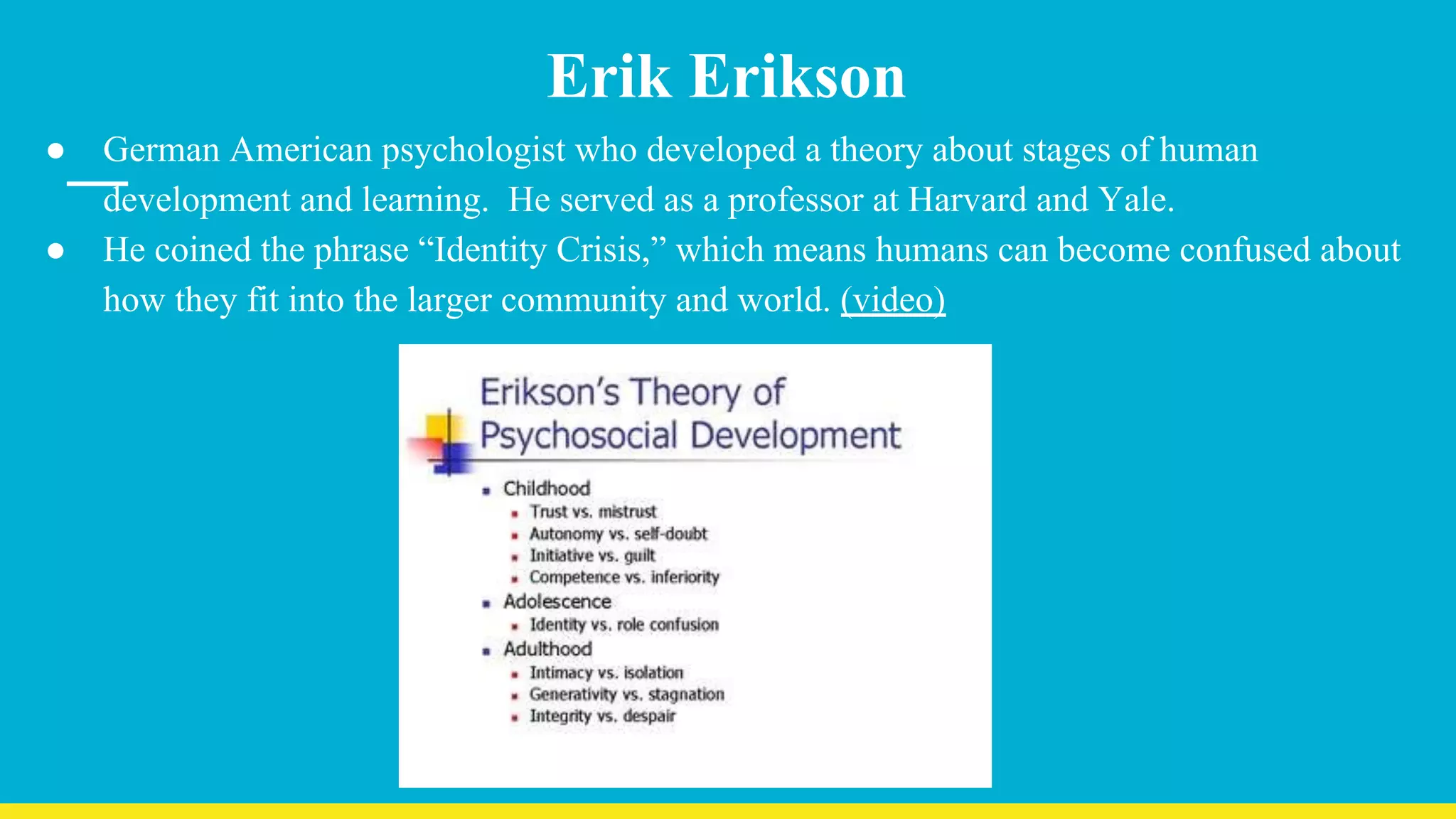 Erik Erikson
● German American psychologist who developed a theory about stages of human
development and learning. He served as a professor at Harvard and Yale.
● He coined the phrase “Identity Crisis,” which means humans can become confused about
how they fit into the larger community and world. (video)
 