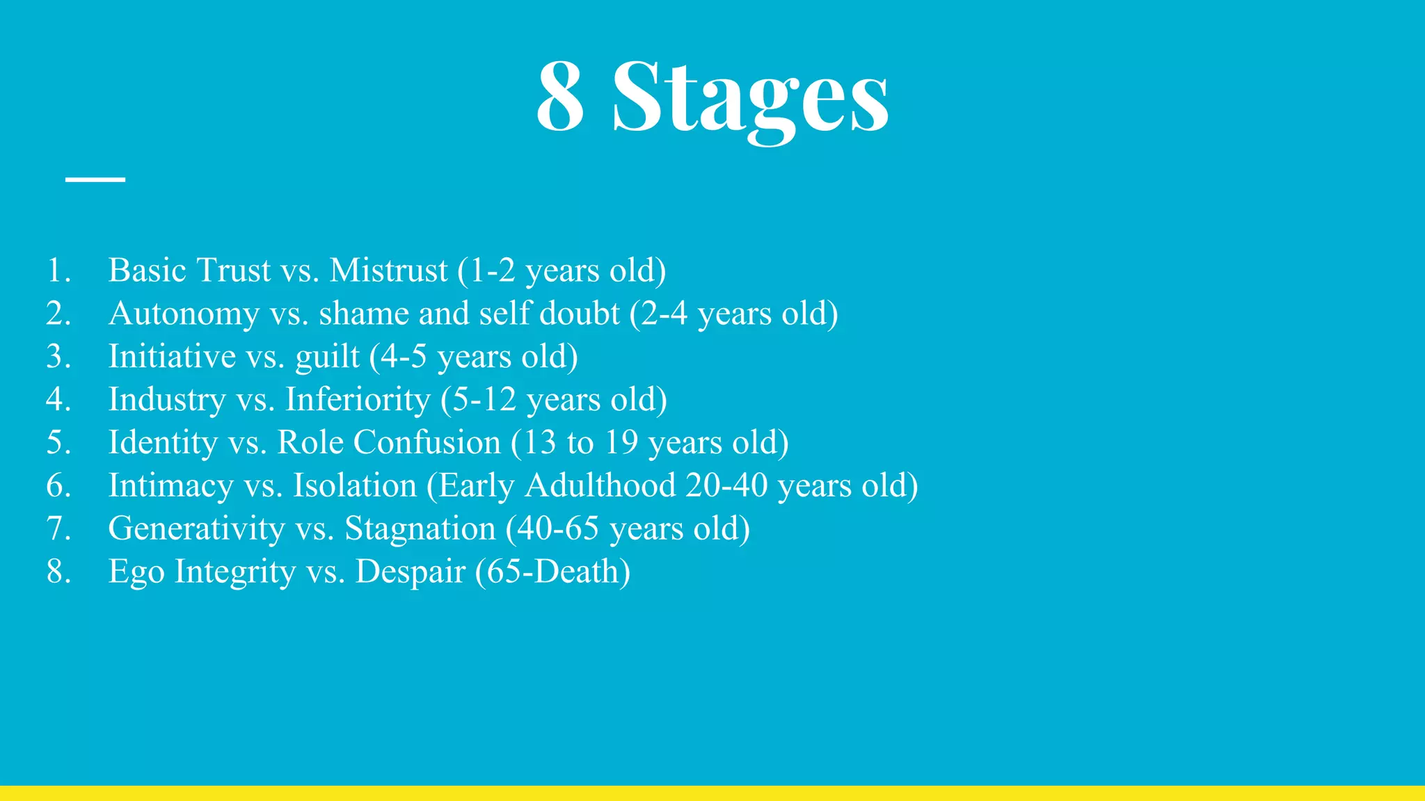 8 Stages
1. Basic Trust vs. Mistrust (1-2 years old)
2. Autonomy vs. shame and self doubt (2-4 years old)
3. Initiative vs. guilt (4-5 years old)
4. Industry vs. Inferiority (5-12 years old)
5. Identity vs. Role Confusion (13 to 19 years old)
6. Intimacy vs. Isolation (Early Adulthood 20-40 years old)
7. Generativity vs. Stagnation (40-65 years old)
8. Ego Integrity vs. Despair (65-Death)
 