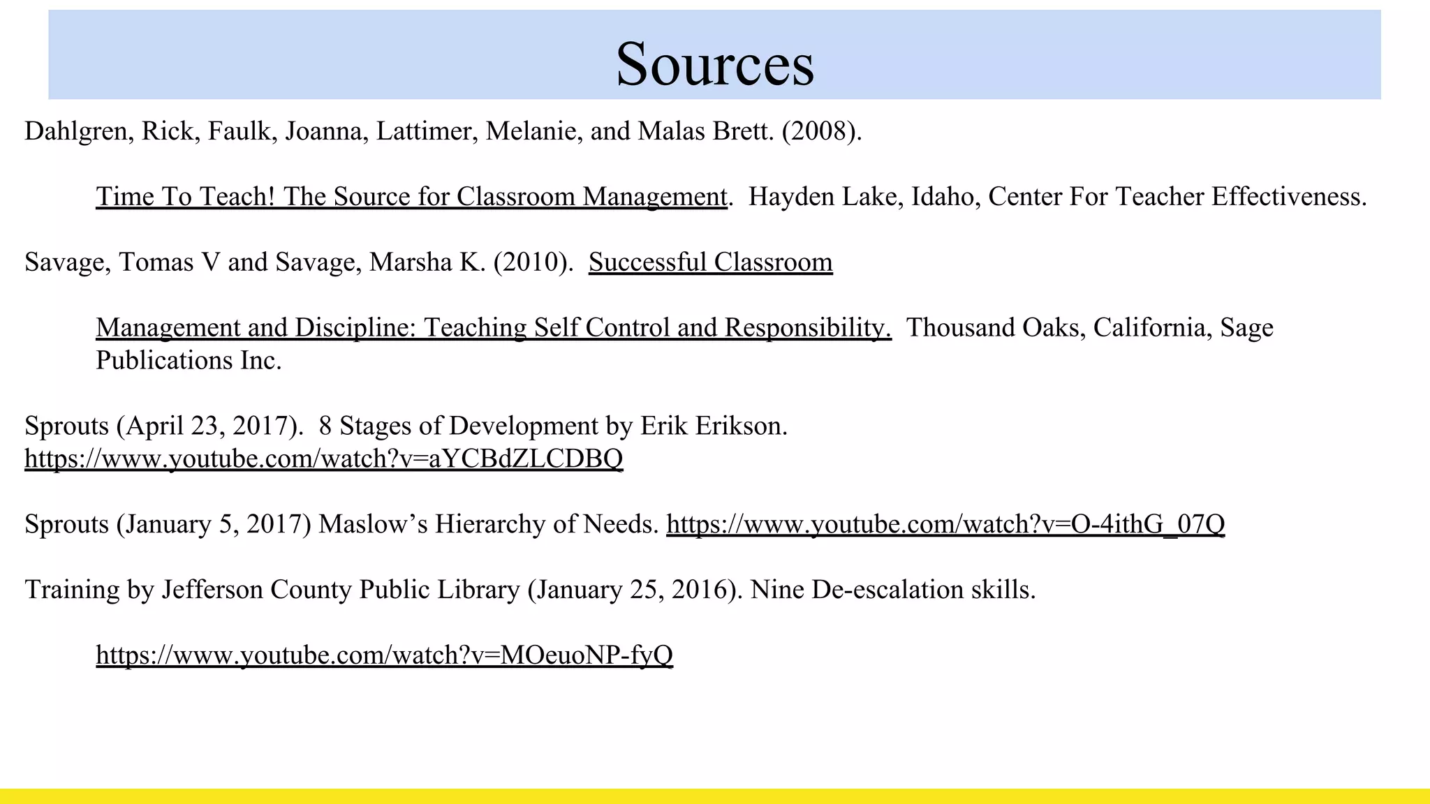 Sources
Dahlgren, Rick, Faulk, Joanna, Lattimer, Melanie, and Malas Brett. (2008).
Time To Teach! The Source for Classroom Management. Hayden Lake, Idaho, Center For Teacher Effectiveness.
Savage, Tomas V and Savage, Marsha K. (2010). Successful Classroom
Management and Discipline: Teaching Self Control and Responsibility. Thousand Oaks, California, Sage
Publications Inc.
Sprouts (April 23, 2017). 8 Stages of Development by Erik Erikson.
https://www.youtube.com/watch?v=aYCBdZLCDBQ
Sprouts (January 5, 2017) Maslow’s Hierarchy of Needs. https://www.youtube.com/watch?v=O-4ithG_07Q
Training by Jefferson County Public Library (January 25, 2016). Nine De-escalation skills.
https://www.youtube.com/watch?v=MOeuoNP-fyQ
 