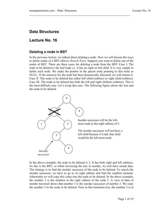 ecomputernotes.com Data Structures Lecture No. 16
___________________________________________________________________
Page 1 of 19
Data Structures
Lecture No. 16
Deleting a node in BST
In the previous lecture, we talked about deleting a node. Now we will discuss the ways
to delete nodes of a BST (Binary Search Tree). Suppose you want to delete one of the
nodes of BST. There are three cases for deleting a node from the BST. Case I: The
node to be deleted is the leaf node i.e. it has no right or left child. It is very simple to
delete such node. We make the pointer in the parent node pointing to this node as
NULL. If the memory for the node has been dynamically allocated, we will release it.
Case II: The node to be deleted has either left child (subtree) or right child (subtree).
Case III: The node to be deleted has both the left and right children (subtree). This is
the most difficult case. Let s recap this case. The following figure shows the tree and
the node to be deleted.
In the above example, the node to be deleted is 2. It has both right and left subtrees.
As this is the BST, so while traversing the tree in inorder, we will have sorted data.
The strategy is to find the inorder successor of the node to be deleted. To search the
inorder successor, we have to go to its right subtree and find the smallest element.
Afterwards we will copy this value into the node to be deleted. In the above example,
the number 3 is the smallest in the right subtree of the node 2. A view of data of
inorder traversal shows that number 3 is the inorder successor of number 2. We copy
the number 3 in the node to be deleted. Now in this transition tree, the number 3 is at
6
2
5
3
1
8
4
Inorder
successor
Inorder successor will be the left-
most node in the right subtree of 2.
The inorder successor will not have a
left child because if it did, that child
would be the left-most node.
 