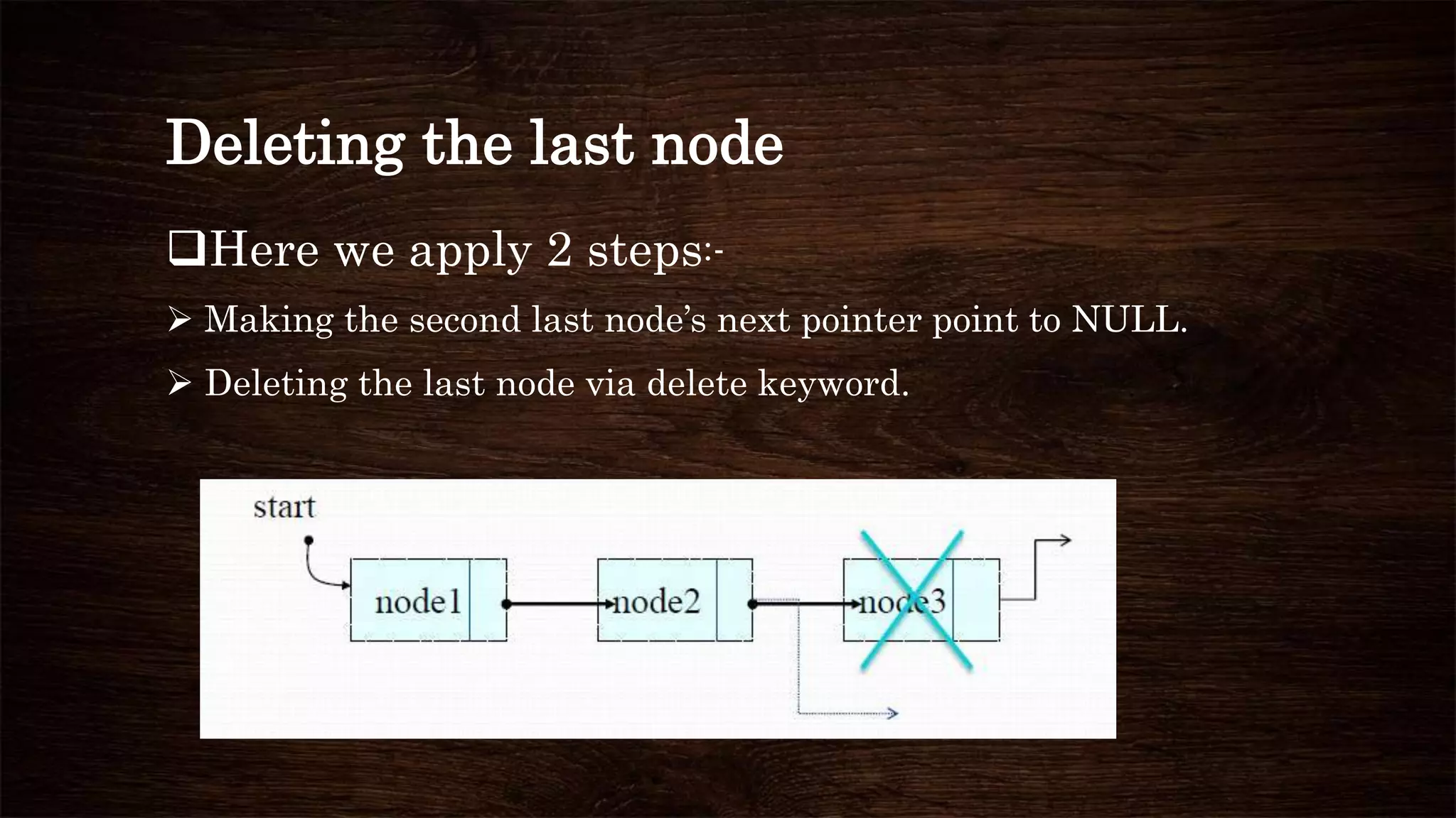 Deleting the last node
Here we apply 2 steps:-
 Making the second last node’s next pointer point to NULL.
 Deleting the last node via delete keyword.
 