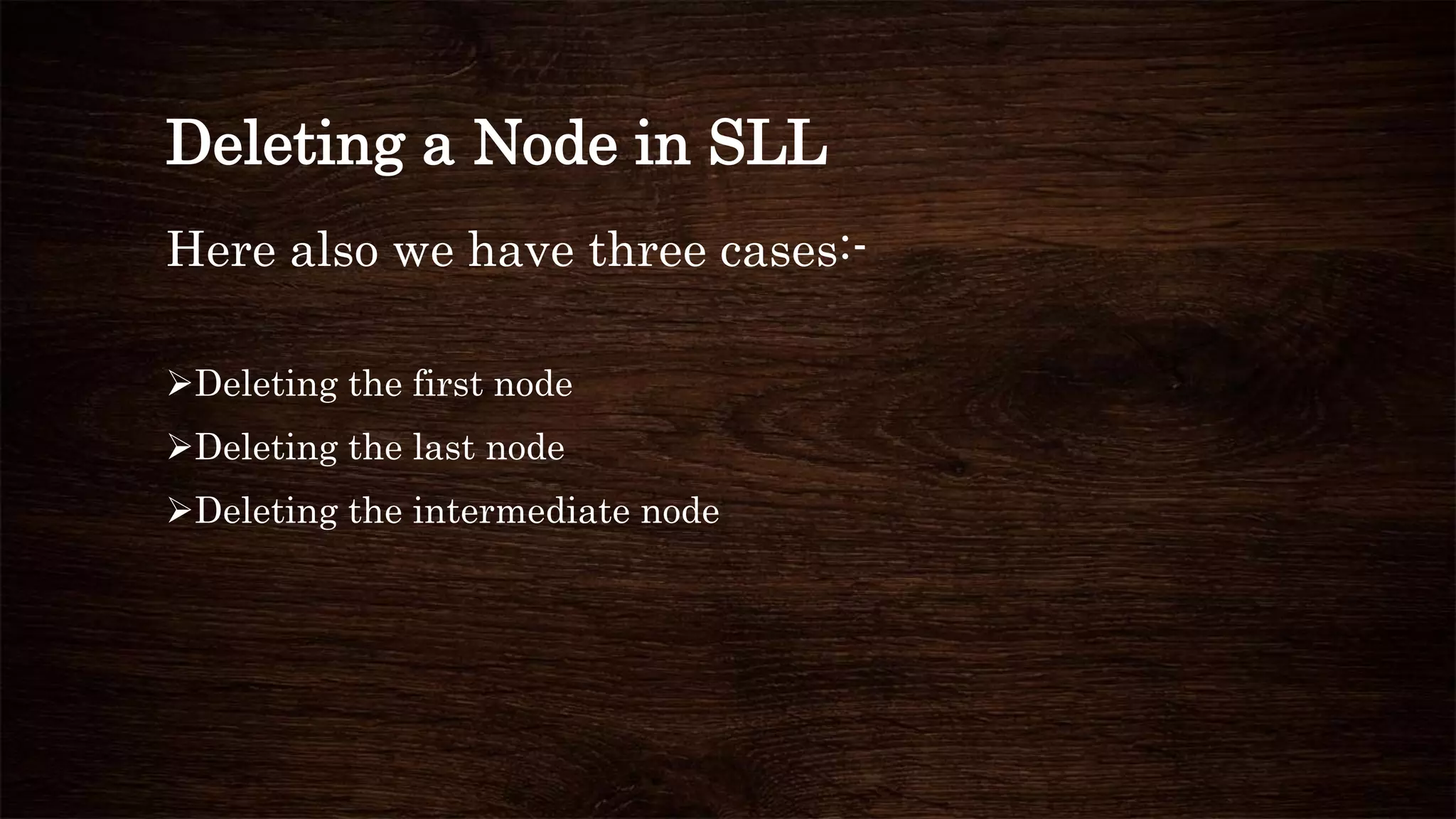 Deleting a Node in SLL
Here also we have three cases:-
Deleting the first node
Deleting the last node
Deleting the intermediate node
 