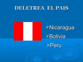 DELETREA EL PAISDELETREA EL PAIS
NicaraguaNicaragua
BoliviaBolivia
PeruPeru
 