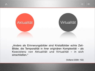 „Anders als Erinnerungsbilder sind Kristallbilder echte Zeit-
Bilder, die Temporalität in ihrer originären Komplexität – als
Koexistenz von Aktualität und Virtualität – in sich
einschließen.“
(Volland 2009: 102)
Aktualität Virtualität
 