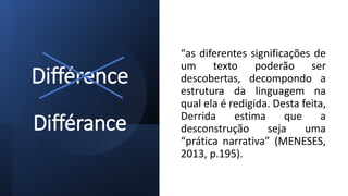 “as diferentes significações de
um texto poderão ser
descobertas, decompondo a
estrutura da linguagem na
qual ela é redigida. Desta feita,
Derrida estima que a
desconstrução seja uma
“prática narrativa” (MENESES,
2013, p.195).
Différence
Différance
 
