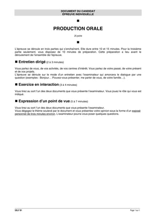 DOCUMENT DU CANDIDAT
ÉPREUVE INDIVIDUELLE

PRODUCTION ORALE
25 points

L’épreuve se déroule en trois parties qui s’enchaînent. Elle dure entre 10 et 15 minutes. Pour la troisième
partie seulement, vous disposez de 10 minutes de préparation. Cette préparation a lieu avant le
déroulement de l’ensemble de l’épreuve.

Entretien dirigé (2 à 3 minutes)
Vous parlez de vous, de vos activités, de vos centres d’intérêt. Vous parlez de votre passé, de votre présent
et de vos projets.
L’épreuve se déroule sur le mode d’un entretien avec l’examinateur qui amorcera le dialogue par une
question (exemples : Bonjour… Pouvez-vous présenter, me parler de vous, de votre famille…).

Exercice en interaction (3 à 4 minutes)
Vous tirez au sort l’un des deux documents que vous présente l’examinateur. Vous jouez le rôle qui vous est
indiqué.

Expression d’un point de vue (5 à 7 minutes)
Vous tirez au sort l’un des deux documents que vous présente l’examinateur.
Vous dégagez le thème soulevé par le document et vous présentez votre opinion sous la forme d’un exposé
personnel de trois minutes environ. L’examinateur pourra vous poser quelques questions.

DELF B1

Page 1 sur 1

 