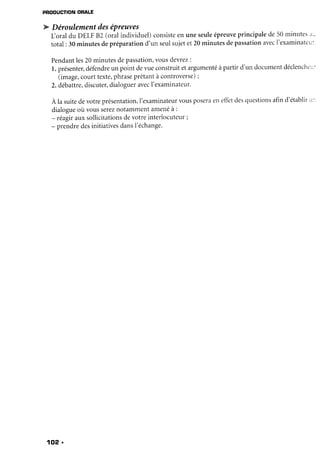 PRODUCTIONORALE
W DéroulementdeséPreuves
Loral du DELF82 (oralindividuel)consisteenuneseuleépreuveprincipalede50minutes.t--
total: 30minutesdepréparationd'un seulsujetet20minutesdepassationavecl'examinateu:
Pendantles20minutesdepassation,vousdevrez:
l. présenter,défendreun point deI'ueconstruitetargumentéàpartird'un documentdéclenchc'L
(image,courttexte,phraseprêtantà controverse);
2.débattre,discuter,dialogueravecI'examinateur.
À la suitedevotreprésentation,l'examinateurvousposeraenefletdesquestionsafind'établirLr::
dialogueoù voussereznotammentamenéà :
- réagirauxsollicitationsdevotreinterlocuteur;
- prendredesinitiativesdansl'échange.
1 O 2 .
 