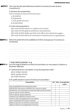 COMPREHENSIONOBATE
activité 8 Vousvousêtesplusparticuiièrementattachéàla réactiondu mairedeParis.
Caractérisez-la.
l. Entourezdeuxpropositions.
Danssaréaction,lemairedeParisfaitpreuve:
a.demodestie
b. d'optimisme
c.d'unegrandeassurance
d. depatriotisme
2. Cochezdeuxpropositions.
fl LemairedeParisexprimesaconfianceenlavictoire.
J LemairedeParisgardeun profil baset restedéterminé.
E LemairedeParisdéclarequeParisestlavillela mieuxplacéepour gagner.
E LemairedeParisfélicitela Cornmissiond'évaluationpour sesappréciations.
hcivitc 9 Relevezlespointsforts dela candidaturedeParisremarquéspar la Commission
d'évaluation.
PnocuuENTsoNoREN'3
pvité ro Lorsd'un staged'initiation au métierdu journalisrne,on vousproposed'analyserce
document.Répondez.
l. Commentpourriez-vousappelercetype deprogrammeradio ?
fi unecritiquemusicale
fi uneenquêtepolicière
tr un billet d'humeur
2. De quellemanièrele sujetest-iltraité par lajournaliste?
Laiournaliste.. vral faux onnepeutpas
ledire
parleenspécialistedelamusiquepourpiano
présentedesinformationsnouveltesetnonconnuesdupublic
faitréférenceà desinformationscenséesêtredéiàconnuesduoublic
traite[esujetdemanèreobjective
traite[esujetdemanèresubjective
s'adresseà sonauditoireenrestantneutre
chercheà créerunecomoiicitéavecsonauditoire
parleenspécialistedelascutpturedeRodin
adopteunpointdevueintimisteetenthousiaste
adopteunpointdevuepragmatiqueet rationnel
Chapitne1 . 11
 
