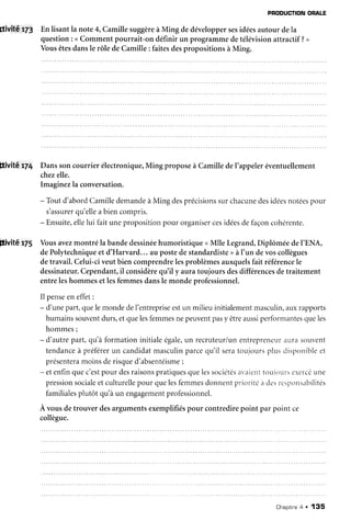 PROOUCTIONORALE
ftivité,r73 En lisantla note4,Camillesuggèreà Ming dedéveloppersesidéesautour dela
question: <Commentpourrait-on définir un programmedetélévisionattractif ?>
Vousêtesdansle rôle deCamille: faitesdespropositionsàMing.
hivit,êlZ4 Danssoncourrier électronique,Ming proposeà CamilledeI'appeleréventuellement
chezelle.
Imaginezla conversation.
- Toutd'abordCamilledemandeà Ming desprécisionssurchacunedesidéesnotéespour
s'assurerqu'ellea biencompris.
- Ensuite,ellelui faitunepropositionpour organisercesidéesdefaçoncohérente.
[ivité r75 Vousavezmontré la bandedessinéehumoristique<Mlle Legrand,DiplôméedeI'ENA,
dePolytechniqueet d'Harvard... au postedestandardiste>àl'un devoscollègues
detravail.Celui-civeutbien comprendrelesproblèmesauxquelsfait référencele
dessinateur.Cependant,il considèrequ'il y auratoujours desdifférencesdetraitement
entreleshommesetlesfemmesdansle mondeprofessionnel.
Il penseen effet:
- d'unepart,quelemondedel'entrepriseestun milieuinitialementmasculin,auxrapports
humainssouventdurs,etquelesfemmesnepeuventpasy êtreaussiperformantesqueles
hommes;
- d'autrepart,qu'àformationinitialeégale,un recruteuriunentrepreneuraurasouvent
tendanceà préférerun candidatmasculinparcequ'il seratoujoursplusdisponibleet
présenteramoinsderisqued'absentéisme;
- etenfinquec'estpour desraisonspratiquesquelessocietésar.irienttoujoursexercelune
pressionsocialeetculturellepour quelesfemmesdonnentprioritclaclesresponsabilités
familialesplutôt qu'àun engagementprofessionnel.
À vousdetrouver desargumentsexemplifiéspour contredirepoint par point ce
collègue.
Chapitr^ea. 135
 