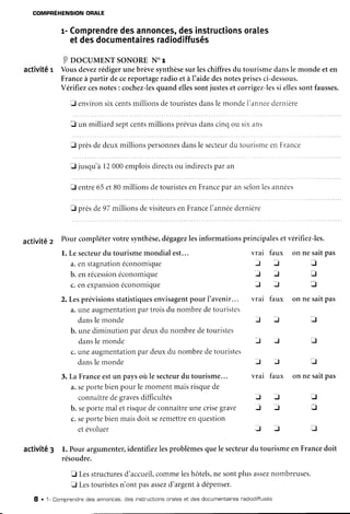 COMPRÉHENSIONORALE
r- Comprendredesannonces,desinstructionsorales
etdesdocumentairesradiodiffusés
I pocuvtENT soNoRENor
activité r Vous devezrédigerunebrèvesynthèsesur leschiffresdu tourismedansle mondeet en
Franceà partir decereportageradioetà l'aidedesnotesprisesci-dessous.
Yérifiezcesnotes: cochez-lesquandellessontjusteset corrigez-lessi ellessontfausses.
f, environsixcentsmillionsdetouristesdanslemondeI'irnnéederr-rière
f un milliardseptcentsmillionsprévusdanscinqou sixans
I prèsdedeuxmillionspersonnesdansle secteurdu tourismeen France
E jusqu'ài2 000emploisdirectsou indirectsparan
E entre65etB0millionsdetouristesenFranceparan selonlesannées
E prèsde97millionsdevisiteursenFranceI'annéedernière
activité, Pourcomplétervotresynthèse,dégagezlesinformationsprincipalesetvérifiez-les.
l. Lesecteurdu tourismemondialest... vrai faux on nesaitpas
a.enstagnationéconomique J f f
b. enrécessionéconomique i I tr
c.enexpansionéconomique f J If
2. Lesprévisionsstatistiquesenvisagentpour I'avenir... vrai faux on nesaitpas
a.uneaugmentationpartroisdu nombredetouristes
dansle monde J J f,
b. unediminutionpardeuxdu nombredetouristes
dansle monde J J tr
c.uneaugmentationpardeuxdu nombredetouristes
dansle monde f f E
3. La Franceestun paysoù le secteurdu tourisme... vrai faux on nesaitpas
a.seportebienpour le momentmaisrisquede
connaîtredegravesdifficultés J f tr
b. seportemaletrisquedeconnaîtreunecrisegrave J f tr
c.seportebienmaisdoit seremettreenquestion
etévoluer J J tr
activitê 3 l. Pour argumenter,identifiezlesproblèmesquele secteurdu tourismeen Francedoit
résoudre.
fi Lesstructuresd'accueil,commeleshôtels,nesontplusasseznombreuses.
E Lestouristesn'ont pasassezd'argentà dépenser.
I . 1- Comprendredes annonces,des instructionsonaleset des documentainesradiodiffusés
 