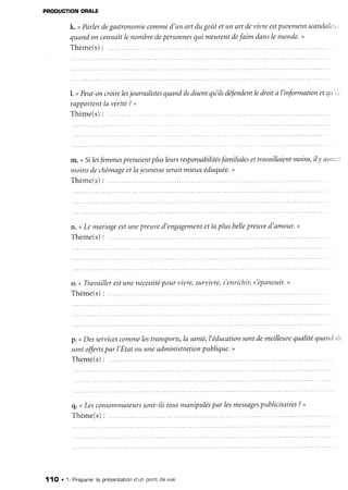 PRODUCTIONORALE
k, <Parler
degastronomie
comme
d'unart dugoiltetun ort devivreest
purement
scandalt'i'
quandon connaît
lenombre
depersonnes
cyrimeurent
defaim danslemonde.
,
T h è m e ( s )
: . . . . . .
l. <Peut-on
croire
les
journalistes
quandilsdisent
qu'ilsdefendent
ledroità l'information
etqi t,:
rapportent
la vérité?,
Thème(s):
m. <Sl les
femmes
prenaient
plusleurs
responsabilités
familiales
ettravaillaient
moins,
il y attr,i::
moinsdechômage
etlajeunesse
serait
mieuxéduquée.
,
T h è m e ( s )
: . . . . . .
n. < Le mari
Thème(s):
ageestunepreuved'engagement
etlaplusbelle
preuved'amour.,
o. o Travailler
Thème(s): ..
estunenécessité
pourvivre,survivre,
s'enrichir,
s'épanouir.
>
p.<Desservices
comme
les
transports,
lasanté,1'éducation
sontdemeilleure
qualité
quattdii:
sontofferts
par l'Etatoltuneadministration
publique.
"
T h è m e ( s )
: . . . . . .
q. <Lesconsommateurs
sont-ilstousmanipulés
par lesmessages
publicitaires
?>
Thème(s)
:
11O . 1- Pnépaner'
la présentation
d'un pointde vue
 