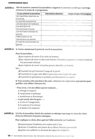 COMPREHENSIONORALE
activitég Afin demontrercommentlajournalistea organisé
et construitsarubriquereportage,
retrouvezla tramedeceprogramme.
Cegueprésente
la journaliste informations
détaitlées numéro
d'ordre
chronotogique
deshypothèses
objectives
sur
lepianiste
unpoint
devuepersonnel
unedescription
de['ambiance
unedescription
de
['environnement
nature
unedescription
physique
du
pianiste
['effet
produit
surIes
interlocuteurs
dupianiste
lemode
decommunication
du
pian
iste
activité 12 l. Cernezmaintenantle point devue dela journaliste.
Pourlajournaliste...
f peuimportedesavoird'oùvientcethomme
J peuimportedesavoir
si,danscette
histoire,l'horr-rme
encluestior-r
asin-rulé
etavaitun
but personnel
intéressé
fl peuimportedesavoirsi lapolicepourraidentifiercethonrnre
car...
fl I'essentiel
estqu'il retrouve
I'usage
dela parole
E l'essentiel
estcequecetteaffaireaprovoquédansI'espritcles
sens
fl l'essentiel
estqu'il puisse
seproduireprochainement
enconcert
2.Vousracontez
cetteanecdote
à desamis: choisissez
leserpressions
appropriées
pour
qualifiercetteaffaire.Entourez-les.
<Voussavez,
c'estuneaffairequi estvraiment...
a.étrange
etsuspecte
b. surprenante
etpoétique
c.mystérieuse
etdramatique
... etqui suscite
chezlesgens...
>
a.le rêveetI'imagination
b. la surprise
etla tristesse
c.le douteetla suspicion
activité 13 À la fin, lajournalistechoisitdeconcluresarubrique reportageencitant destitres
d'æuvreslittérairesfrançaises
classiques.
Pourexpliquercechoix,ditesquelestI'effetrecherché
surI'auditoire:
E impressionner
I'auditoire
etlemettremal à I'aise
E donnerà I'auditoire
unepreuvedesaculturelittérairepersonnelle
E quittersonauditoireendonnantdessignes
decomprlicitci
12 . 1- Compnendne
des annonces,
des instructions
oraleset des documentô
fes nao,oo.qrses
 