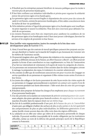 livitê*fs
PRODUCTIONORALÊ
e.Il faudraitquelesentreprises
puissent
bénéficier
demesures
publiques
pourlesinciterà
recruterplusdepersonnes
handicapées.
f. Il faut faireconfiance
auxinitiativesindividuellesetprivéespour organiser
la solidarité
autourdespersonnes
âgées
etlouhandicapées.
g.Lespersonnes
âgées
sontsouvent
fragiles
etdépendantes
desautres
pour desraisons
de
santé
etont besoin,
commelespersonnes
handicapées,
d'êtreaidées
concrètement
dans
lestâches
deleurviequotidienne.
h. Silesinitiativesprivéesàl'égarddespersonnes
âgées
et/ouhandicapées
sontinsuffisan-
tespour organiser
etassurer
la solidarité,
l'Étatdoit alorsintervenirpour défendre
I'in-
térêtdecespersonnes.
i. Lesmoyensfinanciers
sont,bien sûr,importantspour améliorerlesconditionsde vie
despersonnes
âgées
et/ouhandicapées
maisil fautaussipenseràdévelopper,
favoriser
les
services
etlesemploisdeproximitéenleur faveur.
Pourjustifier votre argumentation,insérezlesexemples
dela listedansvotre
développement
(pland.e
l' activité177).
l. Ainsi,il seraitbon quedescontratsdetravailspécifiques
puissent
êtreproposés
auxjeu-
nesqui cherchent
às'insérer
surlemarchédel'emploietqui choisissent
des'orienter
vers
lesmétiersdeI'assistance
sociale.
2. Onpourrait imaginer,
alors,quel'Étatprennedesinitiativesetdesmesures
législatives
pour
garantir,
à différents
niveauxdelaNation,un effortfinanciercollectif: ceteffortpourrait
prendrela formed'unecontributionou taxesupplémentaire
ou bien del'instauration
d'un Service
intermittentdevolontariatcivil auprèsdetouteslescatégories
decitoyens.
3.Cespersonnes
ont notamment
besoind'êtreassistées
danslestâches
ménagères
comme
leménage,la
préparation
desrepas,le
traitementdu courrieradministratif.
4. On constate
eneffetquedenombreuses
associations
ont pourvocationdes'engager
au
service
quotidiendecespersonnes
etorganisent
d'elles-mêmes
toutessortes
d'actionsen
leur faveur.
5.Lesjeunesdescollèges
etdeslycées
pourraientdecettefaçonrendredesvisitesauprèsde
cespersonnes
ets'engager
personnellement
àmaintenirun contactsuiviauprès
d'unede
cespersonnes
pendantuneduréedéterminée
: l'idéeseraitalorsdecréerdesparrainages
interpersonnels.
6. Il faudraitalorsproposerdebaisser
lescharges
d'un employeur
pour chaque
recrutement
d'unepersonne
handicapée.
7.Unedesprioritésenla matièreestnotammentdeprévoirsystématiquement
desascen-
seurs
adaptés,
despistes
spéciales
pour fauteuils
roulants,
desup'rprimer
lernaximumde
marches
d'escalier
danslesespaces
situés
surun mêmeétage.
8.Du fait dela mobilitéprofessionnelle
d'unepart,dela hausse
desprix clef in-rn-robilier
d'autrepart,qui obligentàhabiterdessurfaces
deplusenpluspetites
etdu faitégalement
descomportements
de plus en plus individualistes,
lesdifférentes
générations
d'une
mêmefamilleviventsouventdansdesvillesvoiredansdesrégionsdifférentes.
9.La solidaritéesten effetune valeurqui relèvede la conscience
personnelle
de chaque
individu. Il pourrait semblerinacceptable
de la rendreobligatoirepar lesinstitutions
officielles,
mêmeau nom de la défense
desgrandsprincipessacrés
de la République
commela Fraternité.
exemple
no... 7. 2. 3. 4. 5. 6. 7. 8. 9.
argument...
Chapitr"e
a . 139
 