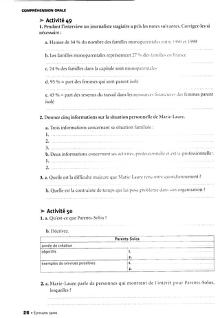 COMPFÉHENSION ORALE
w Activitê49
l. Pendant
l'interviewun journalistestagiaire
a prislesnotessuivantes.
Corrigez-les
si
nécessaire
:
a.Hausse
de34o/o
du nombredesfamilles
monoparelttitle
setttre1991)
et 1999
b. Lesfamilles
monoparentales
représentent
27% destanrilles
en Frrrrtce
c.24o/odesfamillesdansla capitalesont monoparentalcs
d..95o/o
= partdesfemmesqui sontparentisolé
e.43 o/o
- part desrevenusdu travail danslesressources
tlniurcieres
clc's
femmesparent
isolé
2.Donnezcinqinformationssurla situationpersonnelle
deMarie-Laure,
a.Troisinformations
concernant
sasituationfamiliale:
J . . . . .
b. Deux informationsconcernantsesirctivites.
prr)tcsitrnDc'llc-
ct etrit-protèssionnelle
:
l .
2.
3. a. Quelleestla difficultémajeureque larie-Laur.-rct'I.r.)ittrL'
qLrotidiennetnent
?
b. Quelleestla contraintede tempsqr-riluip-ro5g
Ploblgtlc d'rn' tt'tl orgaitisation
?
k Activité5o
1.a.Qu'est-ce
queParents-Solos
?
Parents-5olos
année
decréation
"bf .t''ft
2
exemptes
deservices
possibles 1 .
2 ,
b. Décrivez.
2.a.Marie-Laure
parlede personnes
qui montrentde f interetpout'Paretrts-Solos
lesquelles
?
26 . Épneuves
types
 
