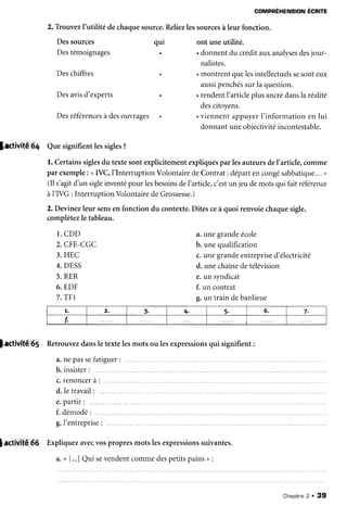 COMPRÉHENSIONÉCRITE
2.Trotwezl'utilité dechaquesource.Reliezlessources
à leur fonction.
Dessources qui ont uneutilité.
Destémoignages . . donnentdu créditauxanalyses
desjour-
nalistes.
Deschiffres . . montrentquelesintellectuels
sesonteux
aussi
penchés
surla question.
Desavisd'experts . . rendentl'articleplusancrédansla réalité
descitoyens.
Desréférences
à desouvrages o . viennentappuyerI'information en lui
donnantuneobiectivitéincontestable.
Jactivitê'G4 Quesignifientlessigles
?
l. Certainssigles
du textesontexplicitement
expliqués
parlesauteursdeI'article,comme
parexemple
: <IVC,I'InterruptionVolontairedeContrat: départencongésabbatique...
,
(Il s'agitd'un sigleinventépour lesbesoins
del'article,c'estun jeudemotsqui faitréference
à I'IVG : Interruption Volontairede Grossesse.)
2.Devinezleur sensen fonction du contexte.
Ditesceà quoi renvoiechaquesigle,
complétezle tableau.
l. CDD a.unegrandeécole
2.CFE-CGC b. unequalification
3.HEC c.unegrandeentreprise
d'électricité
4.DESS d. unechaîne
detélévision
5.RER e.un syndicat
6. EDF f. un contrat
7.TFl g.un train debanlieue
7. 2. 3. 4. 5. 6. 7.
f.
$activité,,65 Retrouvezdansle textelesmots ou lesexpressions
qui signifient:
a.nepassefatiguer
: ......
b.insister
: .....
c.renoncer
à :
d.letravail
: .....
e.partr :
f. démodé:
g.I'entreprise
:
$activitê;6i6 Expliquezavecvospropresmotslesexpressions
suivantes.
a.n [...]Qui sevendentcommedespetitspains> :
Chapitne
2 . 39
 