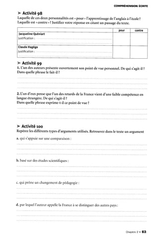 COMPRÉHENSIONÉGRITE
@Activitég8
Laquelledecesdeuxpersonnalités
est<pour >I'apprentissage
deI'anglaisà l'école?
Laquelleest<contre>?]ustifiezvotre réponseen citant un passage
du texte.
W Activltê99
l. fun desauteursprésente
ouvertementsonpoint devue personnel.
De qui s'agit-il?
Dansquellephrasele fait-il ?
2.Lun d'euxpensequeI'un desretardsdela Francevient d'unefaiblecompétence
en
langueétrangère.
De qui s'agit-il?
Dansquellephraseexprime-t-ilcepoint devue ?
w Activité
roo
Repérez
lesdifférentstypesd'argumentsutilisés.Retrouvezdansle texteun argument
a.quis'appuie
surunecomparaison
:
b.basé
surdesétudes
scientifiques
:
pour contre
facqueline
Quéniart
rrctifir:tion
Claude
Hagège
l r r c f i f i r a t i n n ' . .
c.qui prôneun changement
depédagogie
:
d. parlequell'auteurappelle
la France
à sedistinguer
desautres
pays:
Chapitne
2 . 63
 