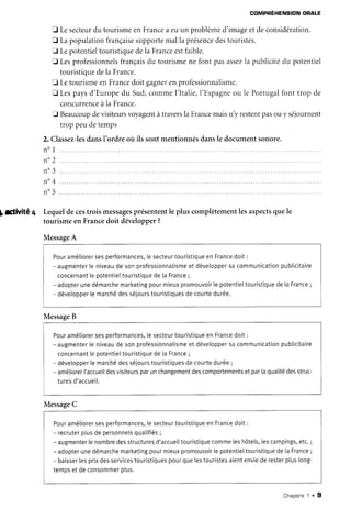 COMPREHENSION
ORALE
E Lesecteur
du tourismeen France
a euun problèmed'imageetdeconsidération.
tr Lapopulationfrançaise
supporte
mal la présence
destouristes.
E Lepotentieltouristiquedela Franceestfaible.
E Lesprofessionnels
français
du tourismene font pasassez
la publicitédu potentiel
touristique
dela France.
f, LetourismeenFrance
doit gagner
enprofessionnalisme.
I Lespaysd'Europedu Sud,commeI'Italie,l'Espagne
ou le Portugalfont trop de
concurrence
à la France.
fl Beaucoup
devisiteurs
voyagent
àtravers
la France
maisn'yrestent
pasou y séjournent
trop peudetemps
2. Classez-les
dansI'ordre oir ils sontmentionnésdansle documentsonore.
n o l
n " 2
n o 3
^ o A
I t a
n o 5
bSivité + Lequeldecestrois messages
présentent
le plus complètement
lesaspects
quele
tourismeen Francedoit développer
?
Message
A
Pour
améliorer
sesperformances,
[esecteur
touristique
enFrance
doit:
-augmenter
le niveau
desonprofessionnatisme
et développer
sacommunication
publicitaire
concernant
[epotentiel
touristique
de[aFrance
;
- adopter
unedémarche
marketing
pourmieux
promouvoir
tepotentiel
touristique
delaFrance
;
- dévetopper
[emarché
desséiours
touristiques
decourte
durée.
Message
B
Pour
amétiorer
sesperformances,
[esecteur
touristique
enFrance
doit:
-augmenter
[eniveau
desonprofessionnalisme
etdévelopper
sacommunication
publicitaire
concernant
[epotentieI
touristique
delaFrance
;
- développer
[emarché
desséjours
touristiques
decourte
durée
;
- améliorer
I'accueiI
desvisiteurs
parunchangement
descomportements
etpartaquatité
desstruc-
tures
d'accuei[.
Message
C
Pour
amétiorer
sesperformances,
[esecteur
touristique
enFrance
doit:
- recruter
plusdepersonnets
quatifiés
;
- augmenter
[enombre
desstructures
d'accueil
touristique
comme
leshôtels,
lescampings,
etc.;
- adopter
unedémarche
marketing
pourmieux
promouvoir
lepotentieltouristique
de[aFrance
;
- baisser
lesprixdesservices
touristiques
pourquelestouristes
aient
envie
derester
ptus
tong-
temDS
etdeconsommer
plus.
Chapitne1 . 9
 