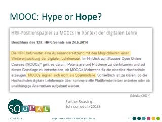 MOOC: Hype or Hope? 
17.09.2014 
Anja Lorenz: OPAL als MOOC-Plattform 
3 
Schultz (2014) 
Further Reading: 
Johnson et al. (2013)  