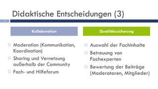 Didaktische Entscheidungen (3)  Moderation (Kommunikation,  Koordination) Sharing und Vernetzung außerhalb der Community Fach- und Hilfeforum Auswahl der Fachinhalte  Betreuung von Fachexperten Bewertung der Beiträge (Moderatoren, Mitglieder) Kollaboration Qualitätssicherung 