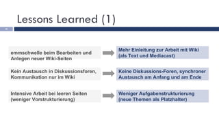 Lessons Learned (1) Hemmschwelle beim Bearbeiten und Anlegen neuer Wiki-Seiten Kein Austausch in Diskussionsforen, Kommunikation nur im Wiki Intensive Arbeit bei leeren Seiten (weniger Vorstrukturierung) Mehr Einleitung zur Arbeit mit Wiki (als Text und Mediacast) Keine Diskussions-Foren, synchroner Austausch am Anfang und am Ende Weniger Aufgabenstrukturierung (neue Themen als Platzhalter) 
