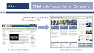 Teil 2 Didaktische Konzeption der Community  Die aktuelle Projekt-Webseite Die neue Community-Webseite Launch der Community (Herbst/Winter 2009) 